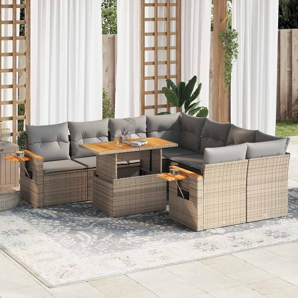 Salon de jardin avec coussins 9 pcs beige résine tressée acacia