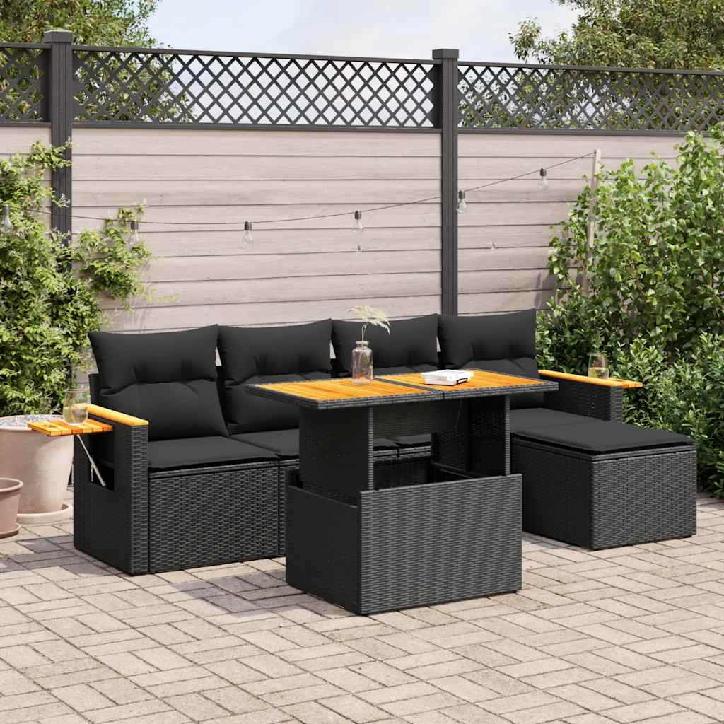 Salon de jardin 6 pcs avec coussins noir résine tressée acacia