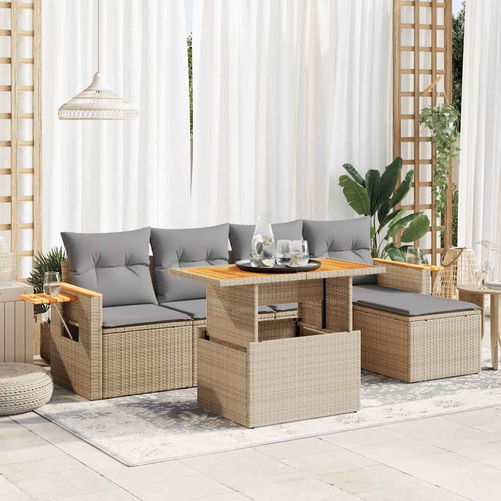 Salon de jardin 6 pcs avec coussins beige résine tressée acacia