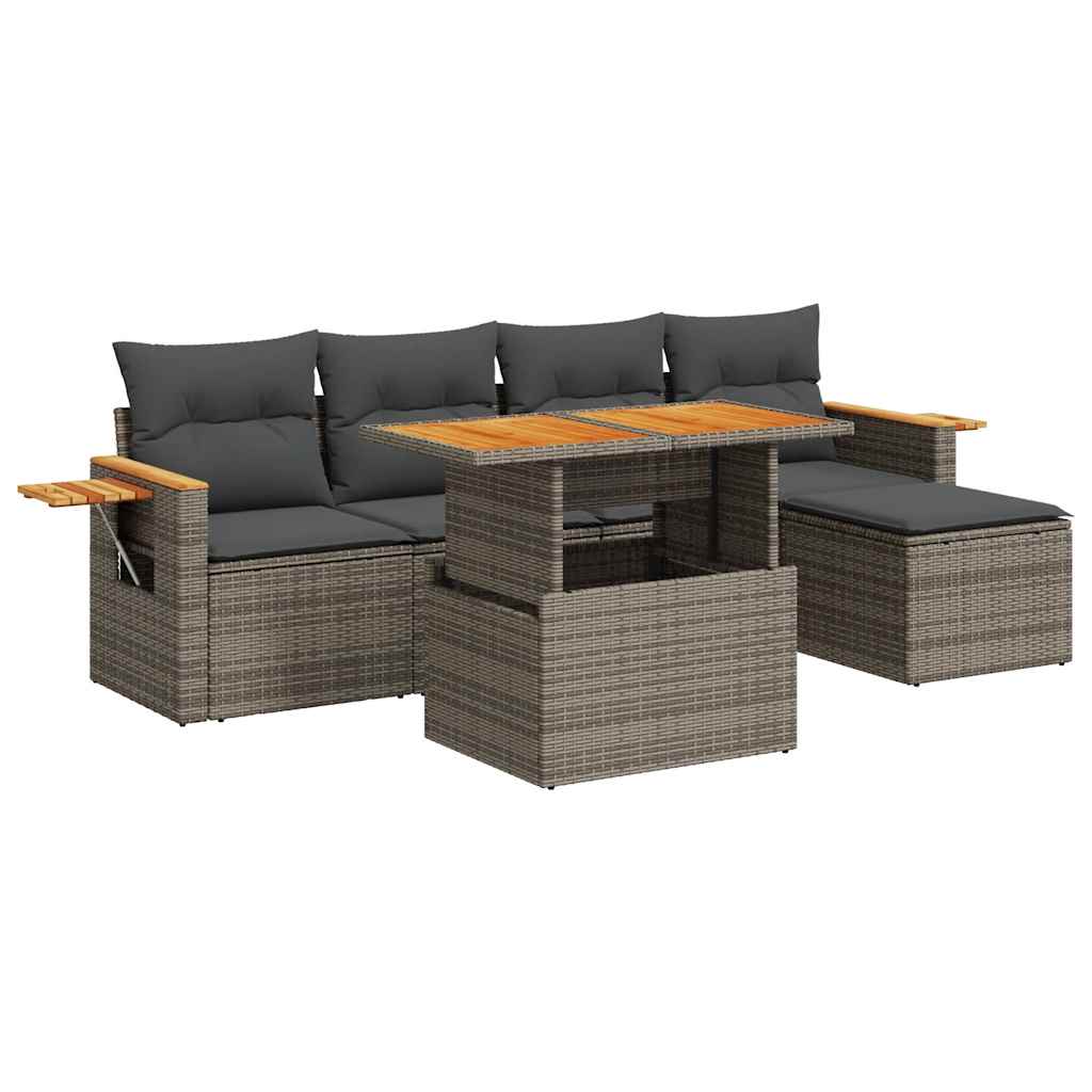 Salon de jardin avec coussins 6 pcs gris résine tressée acacia