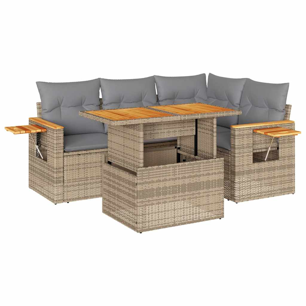 Salon de jardin avec coussins 5 pcs beige résine tressée acacia