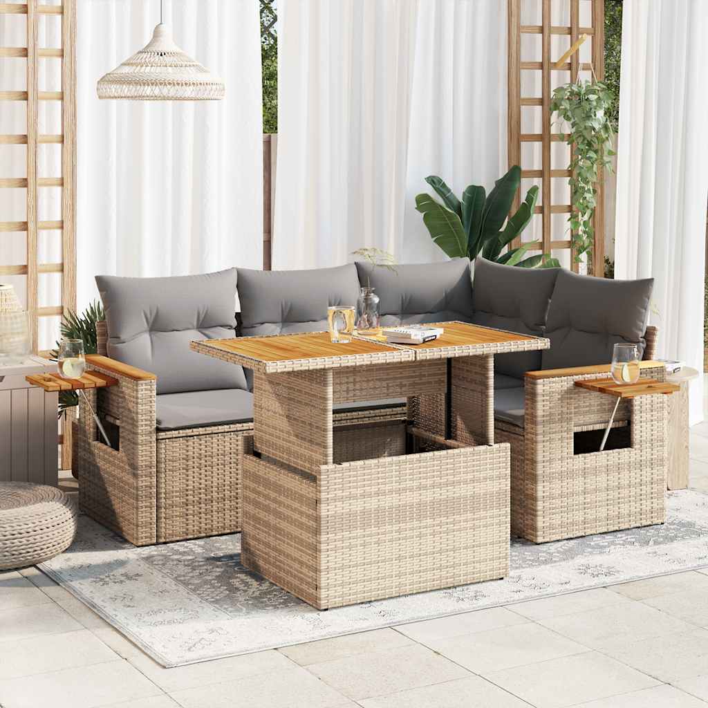 Salon de jardin avec coussins 5 pcs beige résine tressée acacia