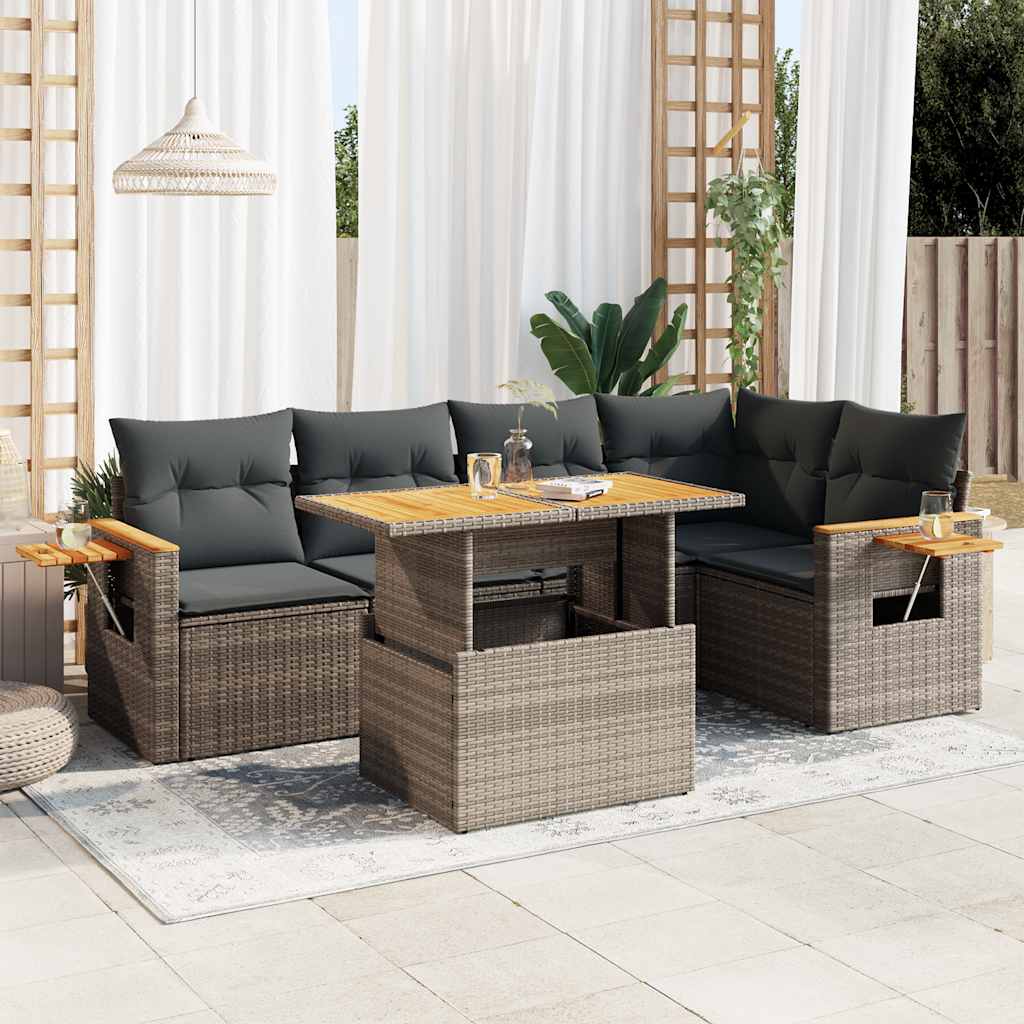 Salon de jardin avec coussins 6 pcs gris résine tressée acacia