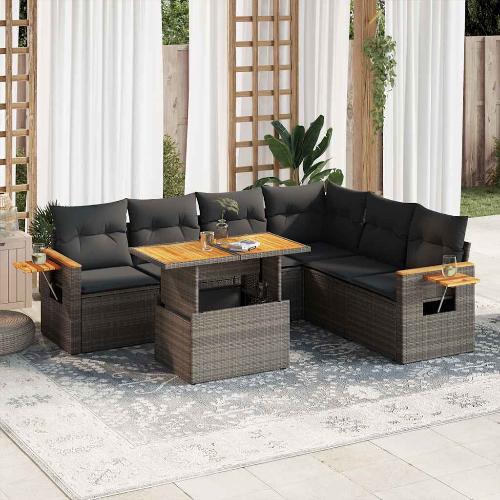 Salon de jardin avec coussins 7 pcs gris résine tressée acacia