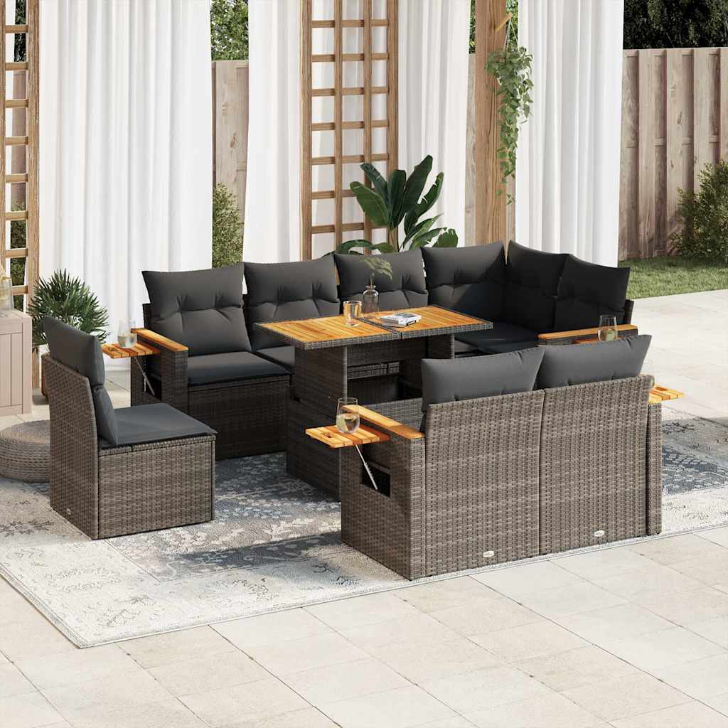 Salon de jardin avec coussins 9 pcs gris résine tressée acacia