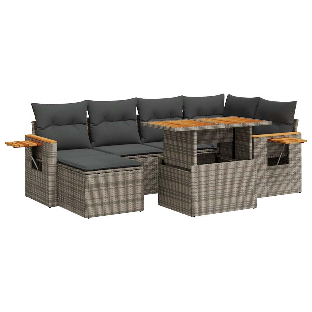 Salon de jardin avec coussins 7 pcs gris résine tressée acacia