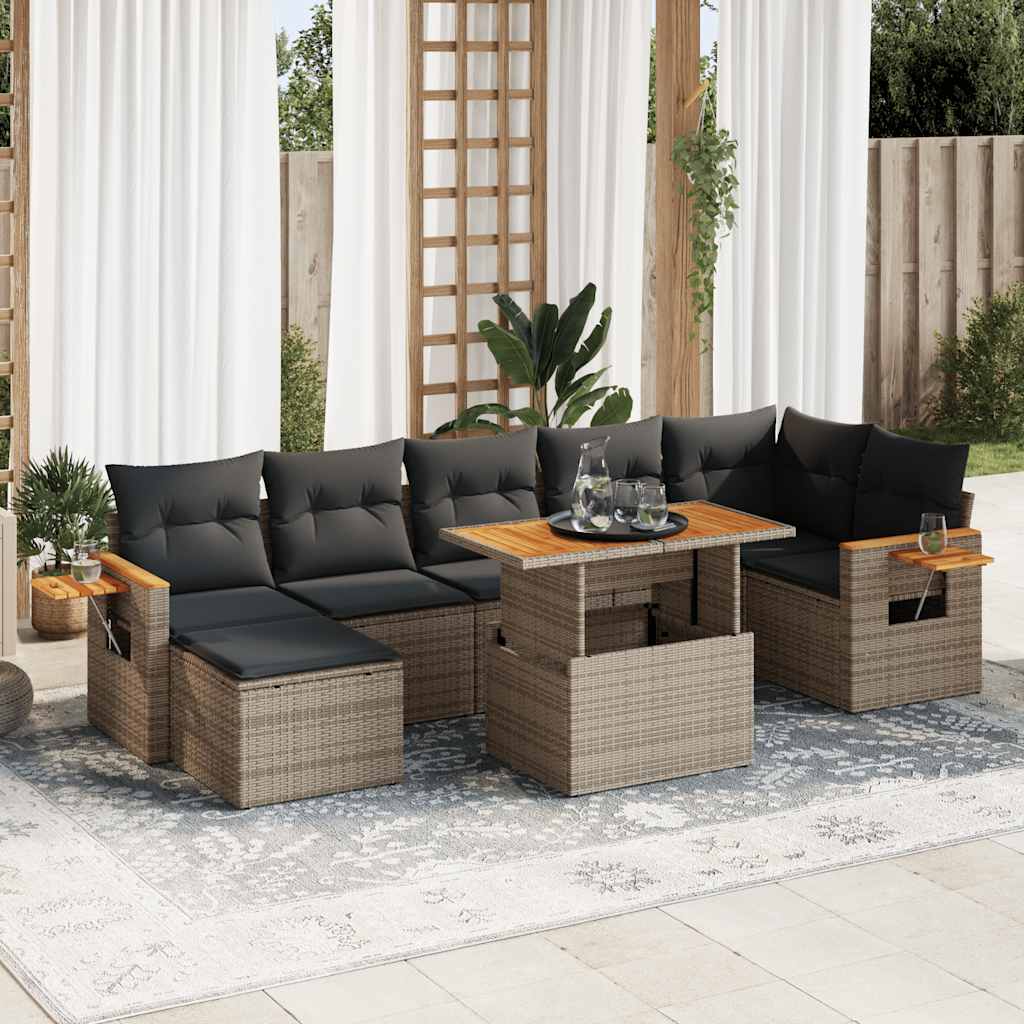 Salon de jardin avec coussins 8 pcs gris résine tressée acacia