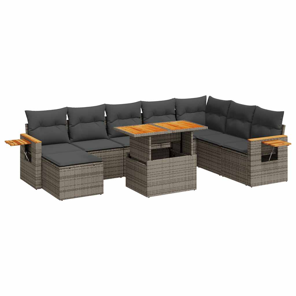 Salon de jardin avec coussins 9 pcs gris résine tressée acacia