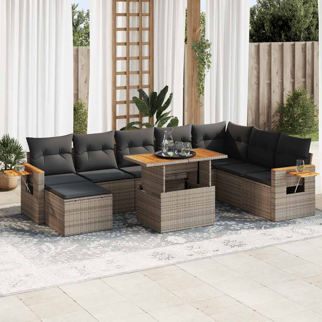 Salon de jardin avec coussins 9 pcs gris résine tressée acacia