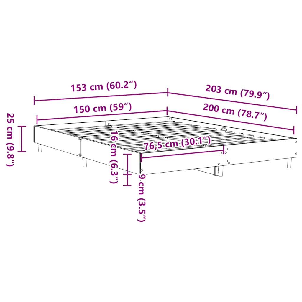 Cadre de lit sans matelas chêne fumé 150x200 cm bois ingénierie