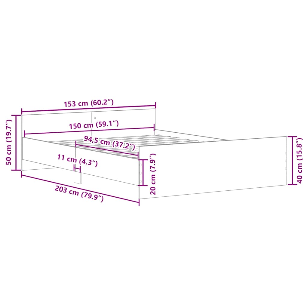 Cadre de lit sans matelas vieux bois 150x200 cm bois ingénierie