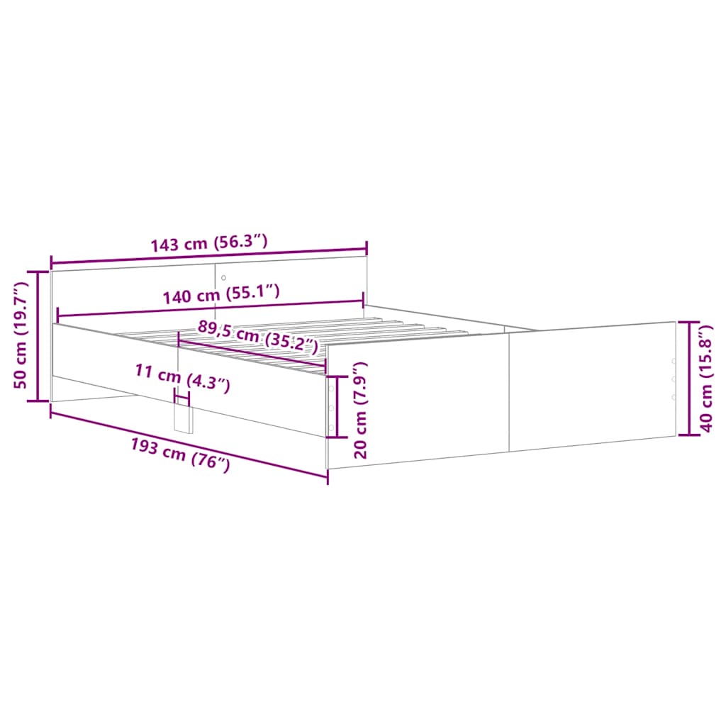 Cadre de lit sans matelas vieux bois 140x190 cm bois ingénierie