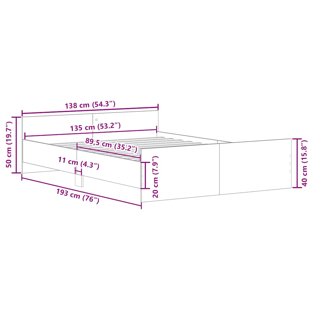 Cadre de lit sans matelas chêne artisanal 135x190 cm