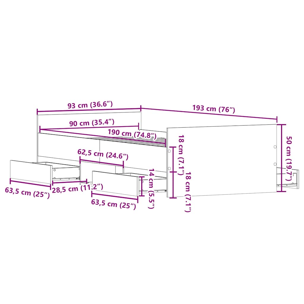 Cadre de lit sans matelas vieux bois 90x190 cm bois ingénierie