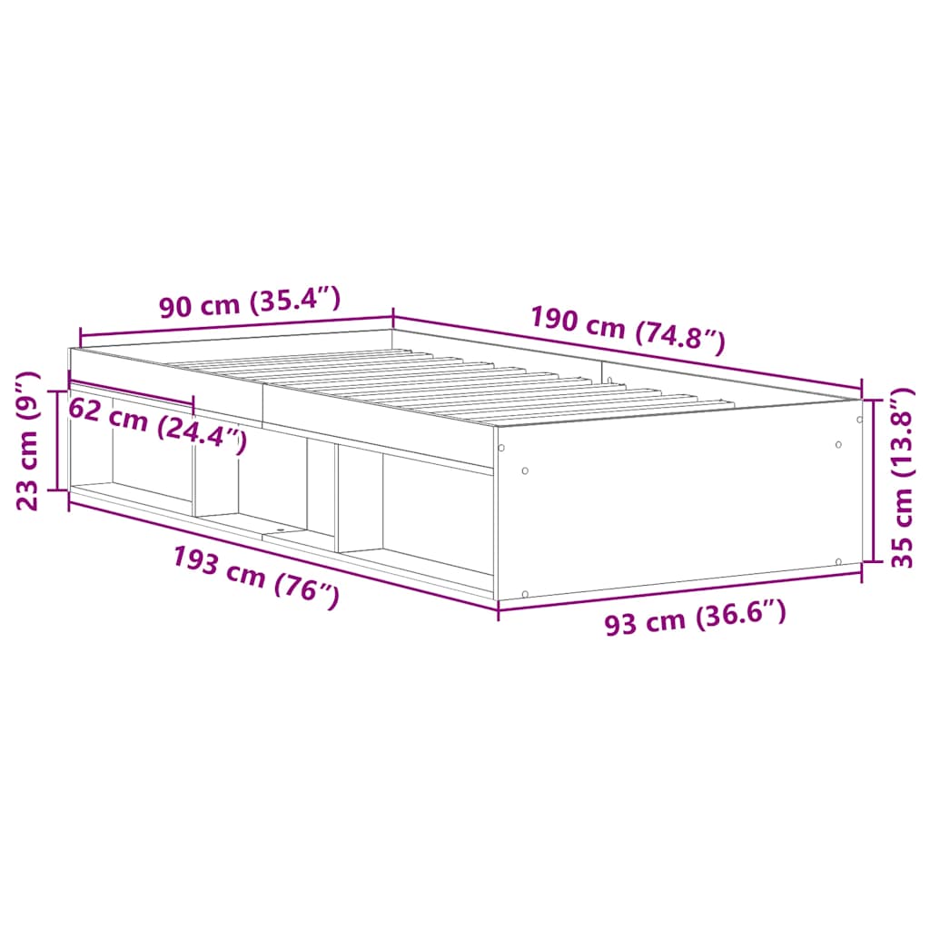 Cadre de lit sans matelas chêne artisanal 90x190 cm