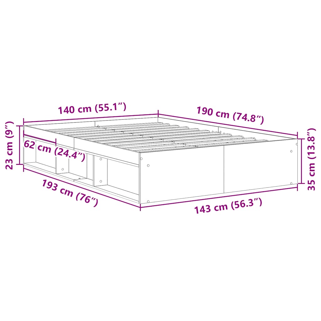 Cadre de lit sans matelas vieux bois 140x190 cm bois ingénierie