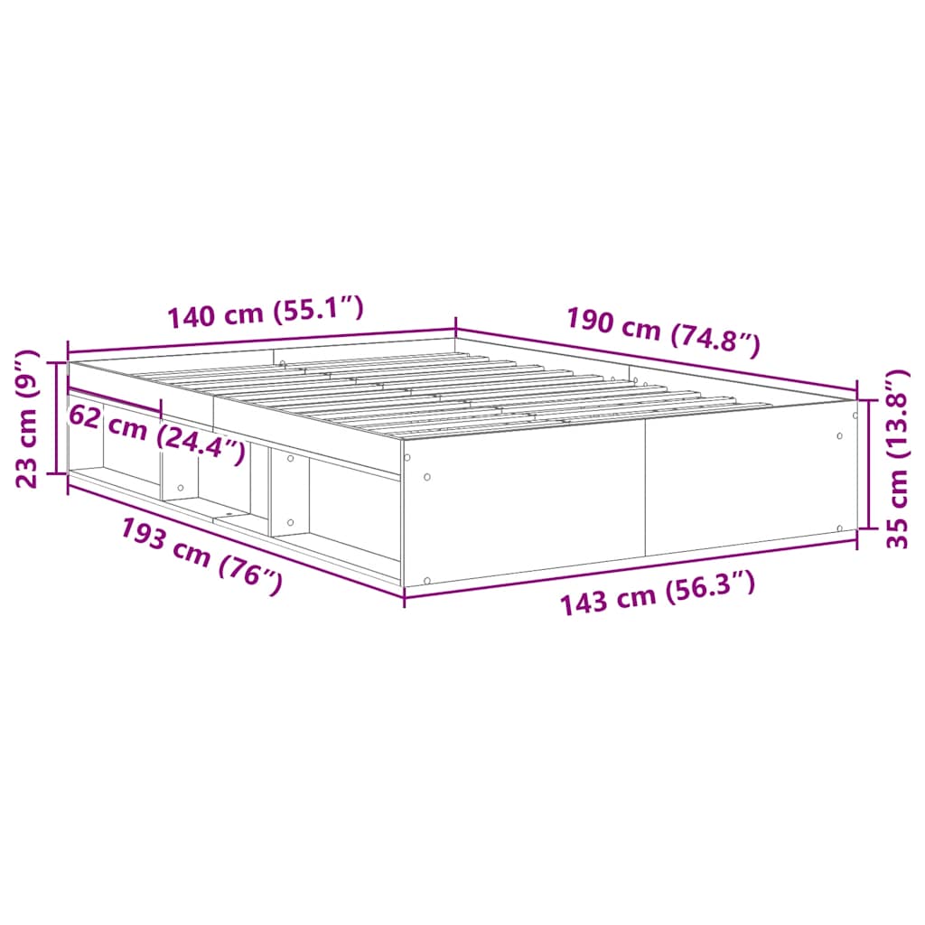 Cadre de lit sans matelas chêne artisanal 140x190 cm