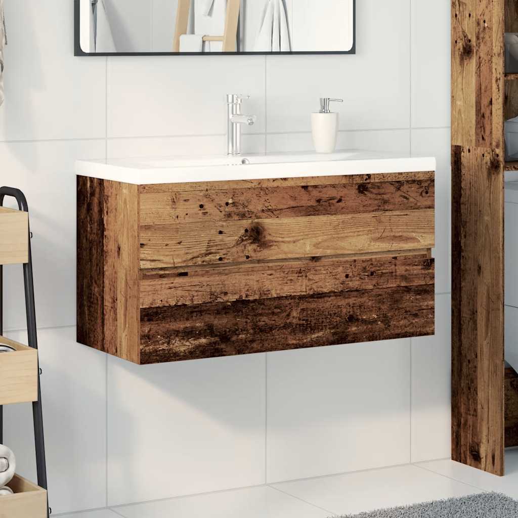 Meuble lavabo avec bassin et robinet intégrés vieux bois