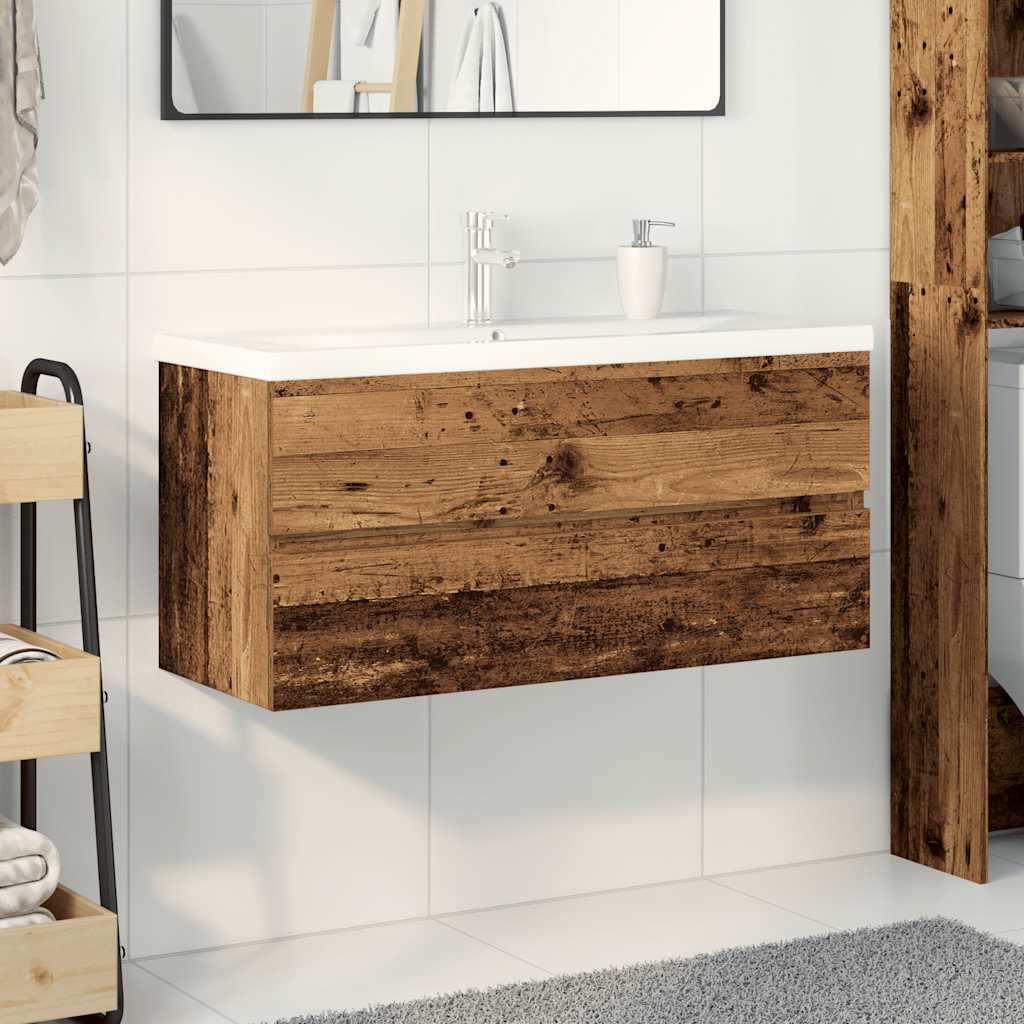 Meuble lavabo avec bassin et robinet intégrés vieux bois