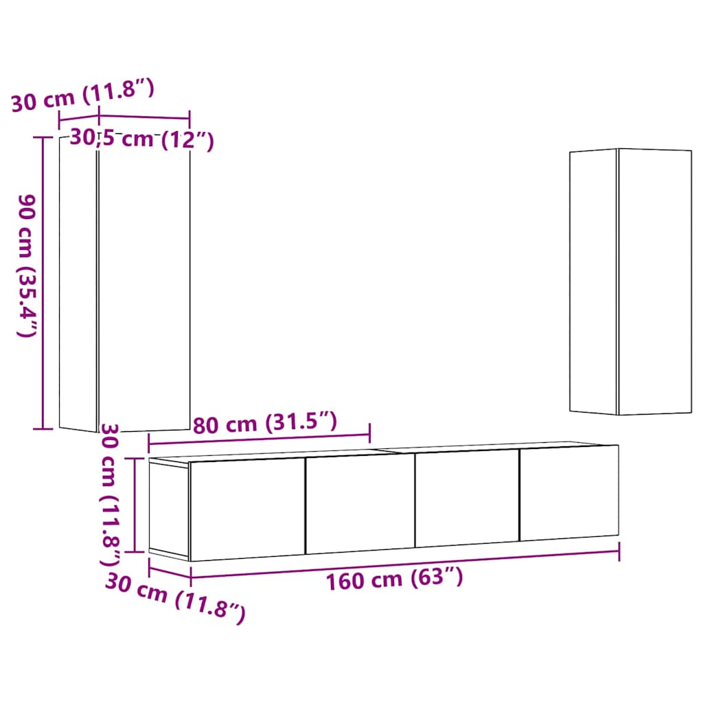 Meubles TV muraux 4 pcs vieux bois bois d'ingénierie