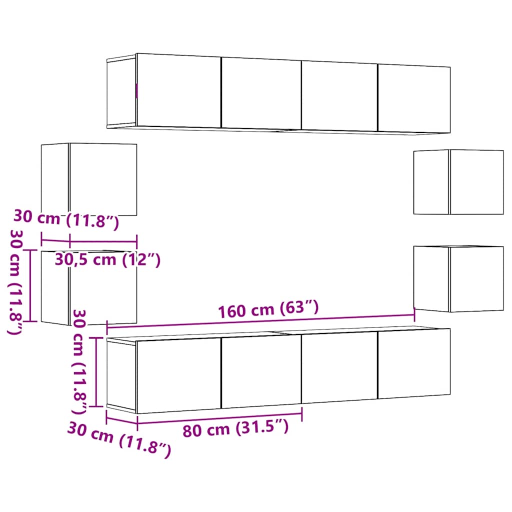 Meubles TV muraux 8 pcs vieux bois bois d'ingénierie