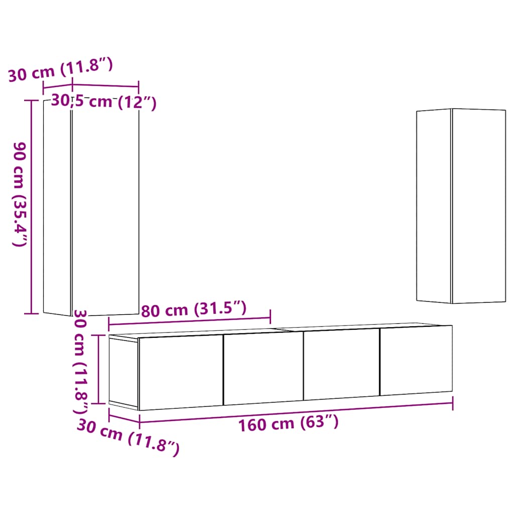 Meubles TV muraux 4 pcs vieux bois bois d'ingénierie