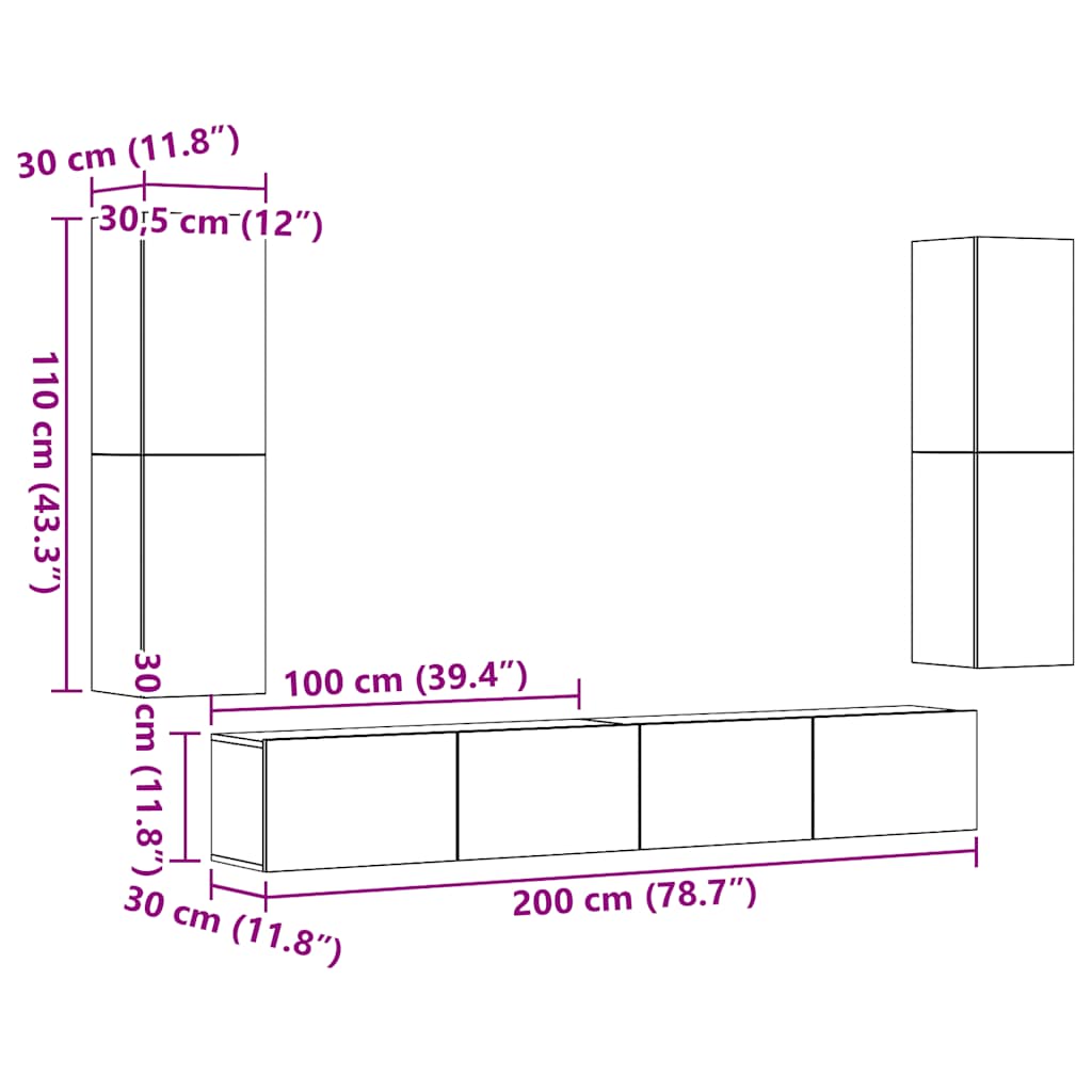 Meubles TV muraux 4 pcs vieux bois bois d'ingénierie