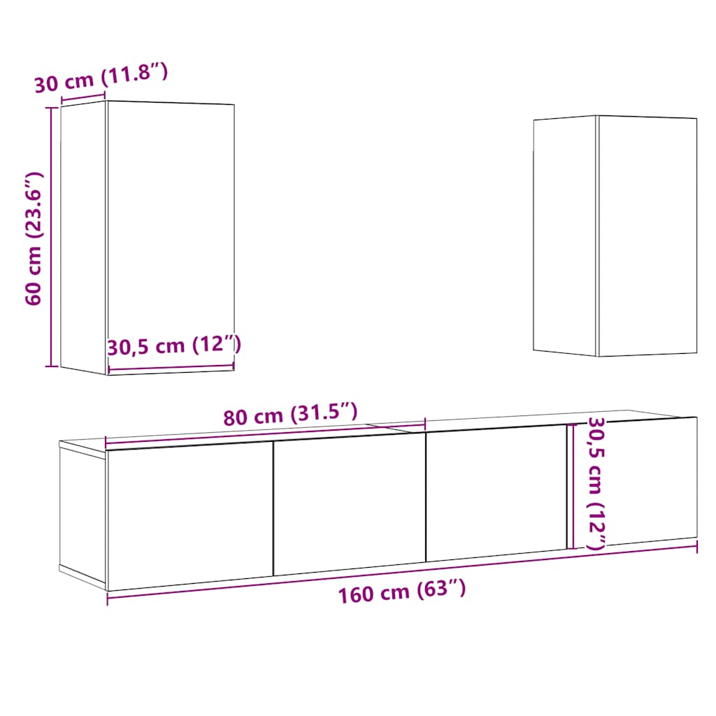 Meubles TV muraux 4 pcs vieux bois bois d'ingénierie