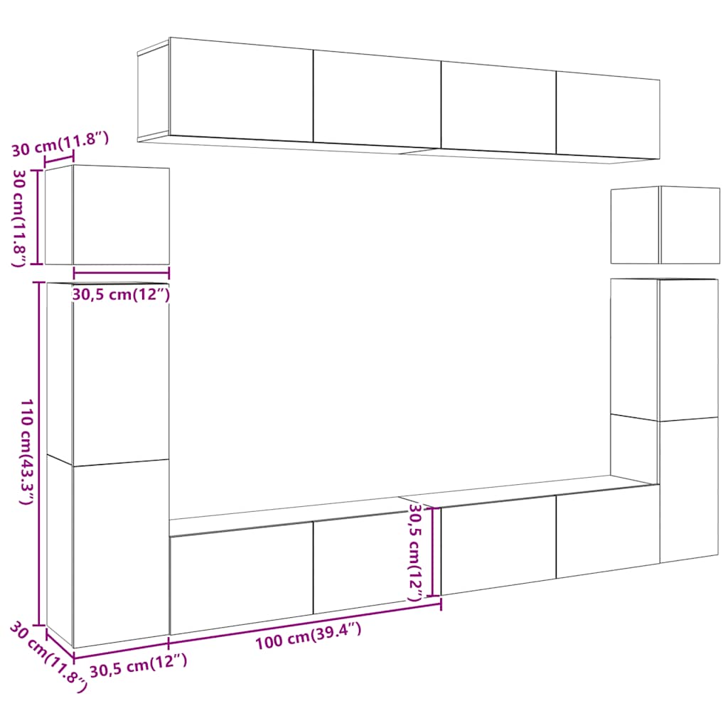 Ensemble de meuble TV mural 8 pcs vieux bois bois d'ingénierie