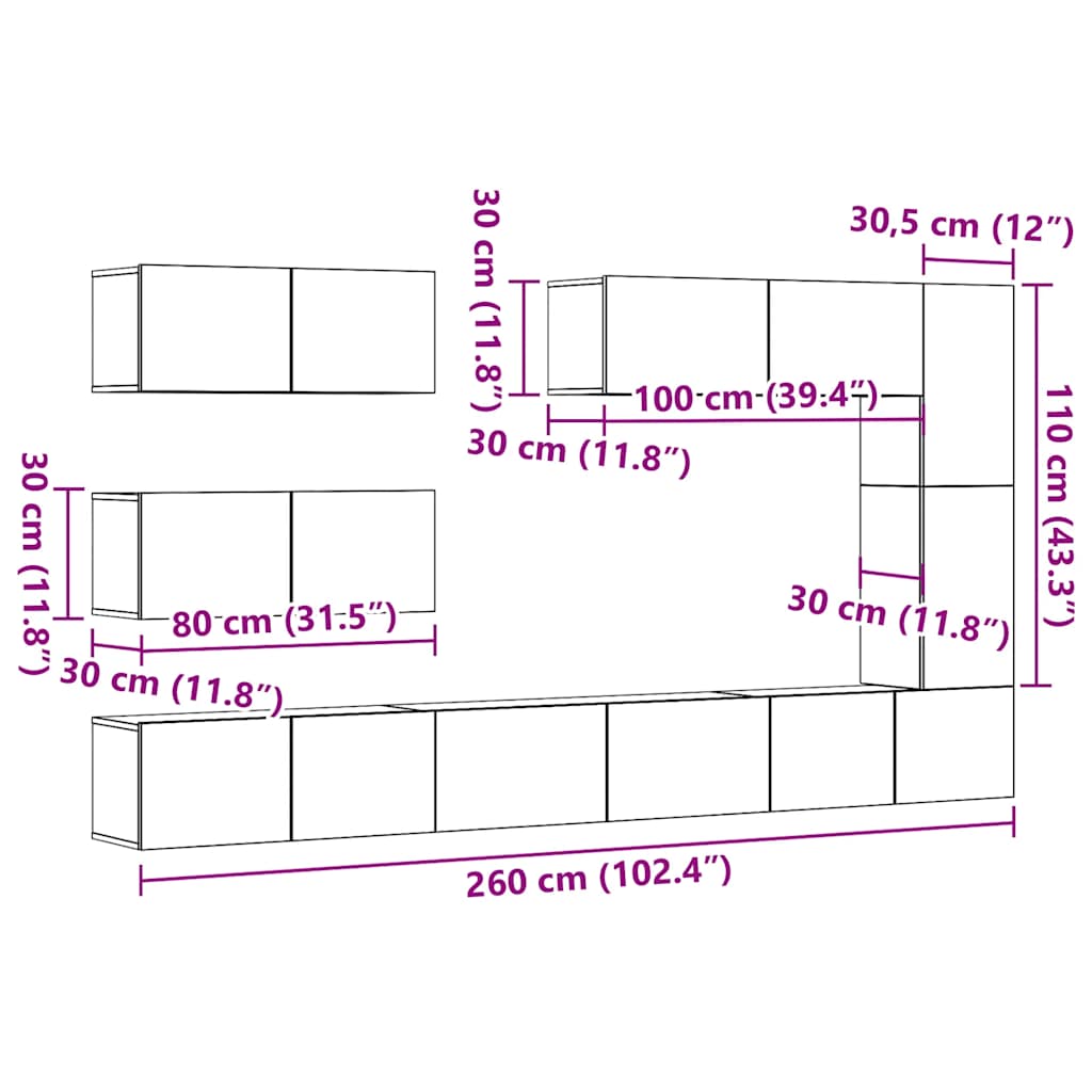 Ensemble de meuble TV mural 7 pcs vieux bois bois d'ingénierie