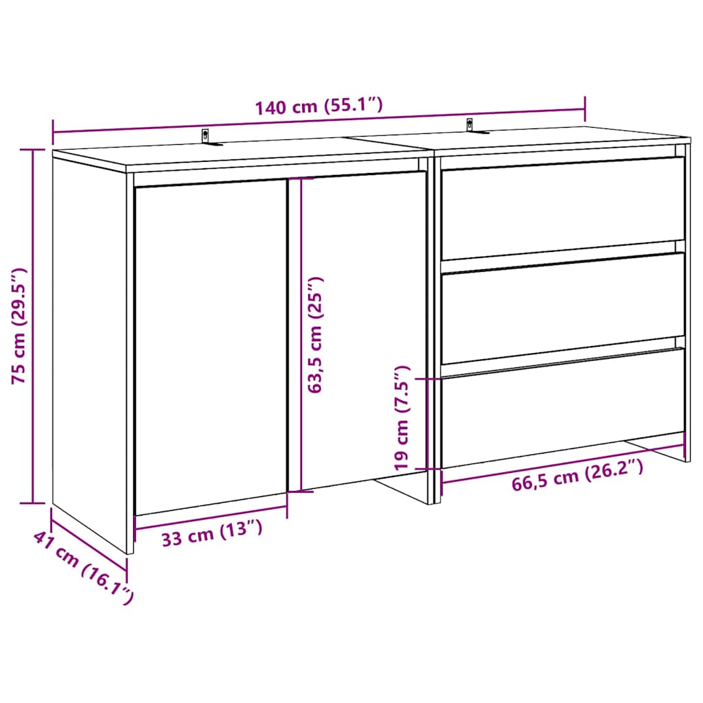 Buffet 2 pcs chêne artisanal bois d'ingénierie