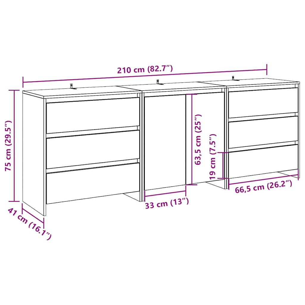 Buffet 3 pcs vieux bois bois d'ingénierie