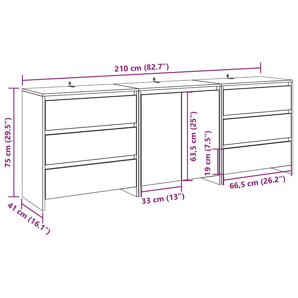 Buffet 3 pcs chêne artisanal bois d'ingénierie