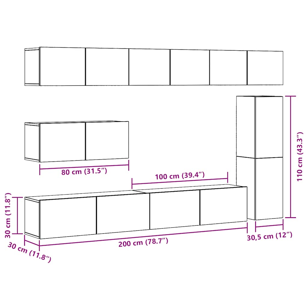 Ensemble de meuble TV mural 7 pcs vieux bois bois d'ingénierie