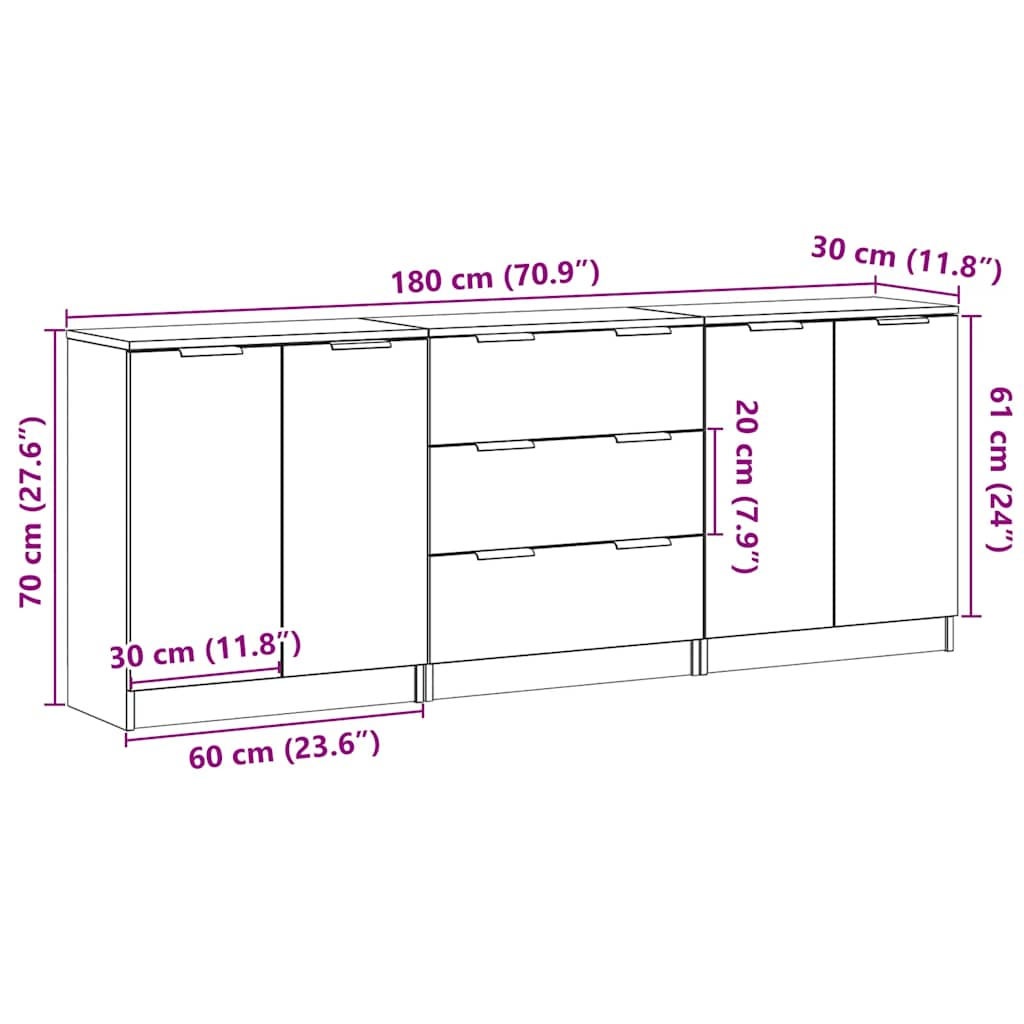 Buffets 3 pcs vieux bois 60x30x70 cm bois d'ingénierie