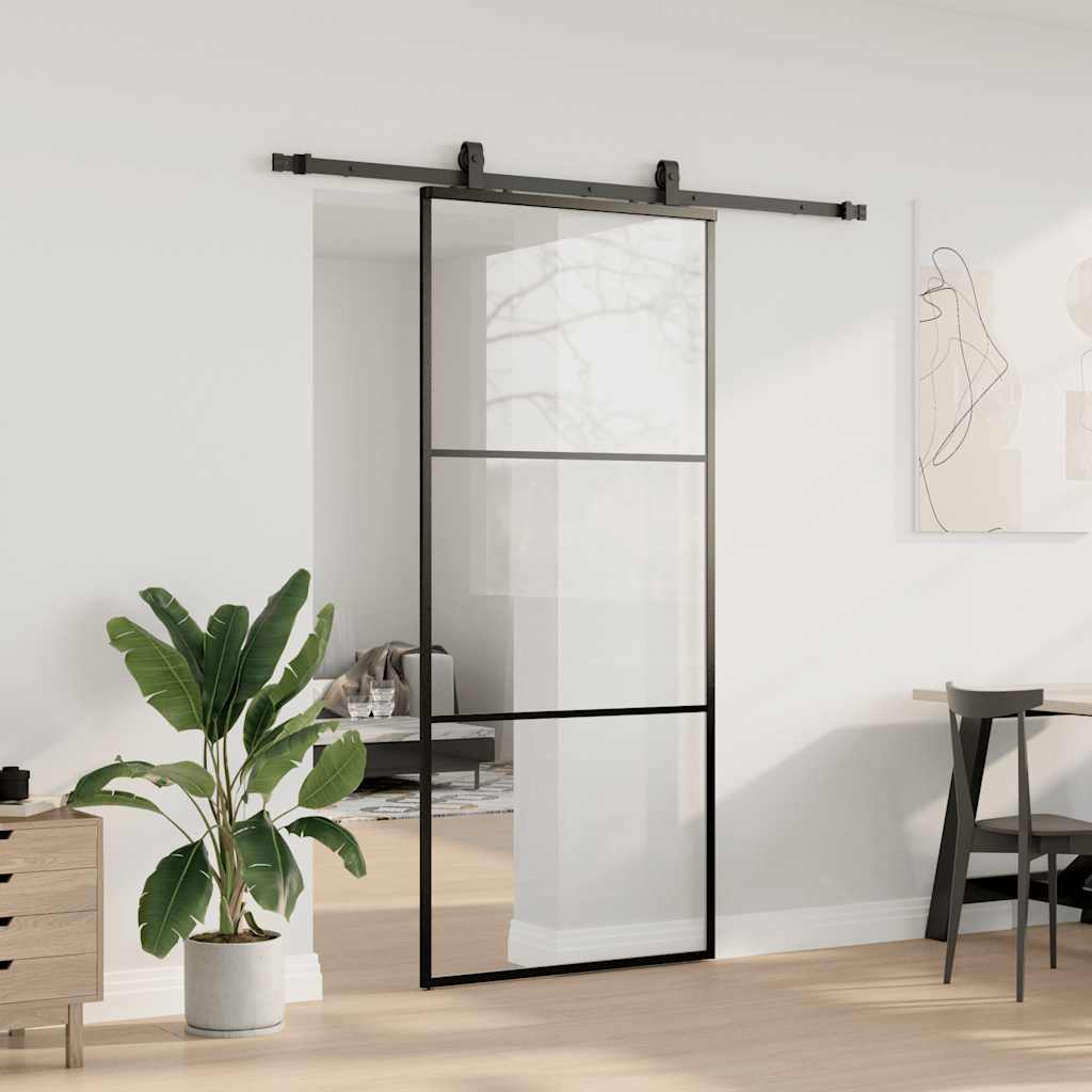 Porte coulissante kit de quincaillerie noir 90x205 cm verre ESG