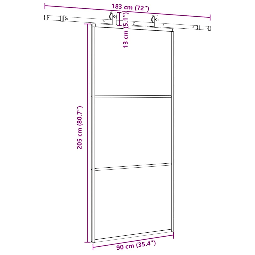 Porte coulissante kit de quincaillerie noir 90x205 cm verre ESG