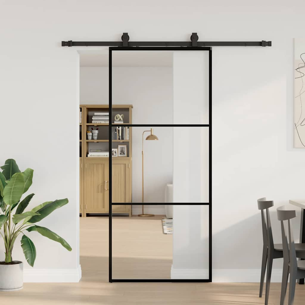 Porte coulissante kit de quincaillerie noir 90x205 cm verre ESG