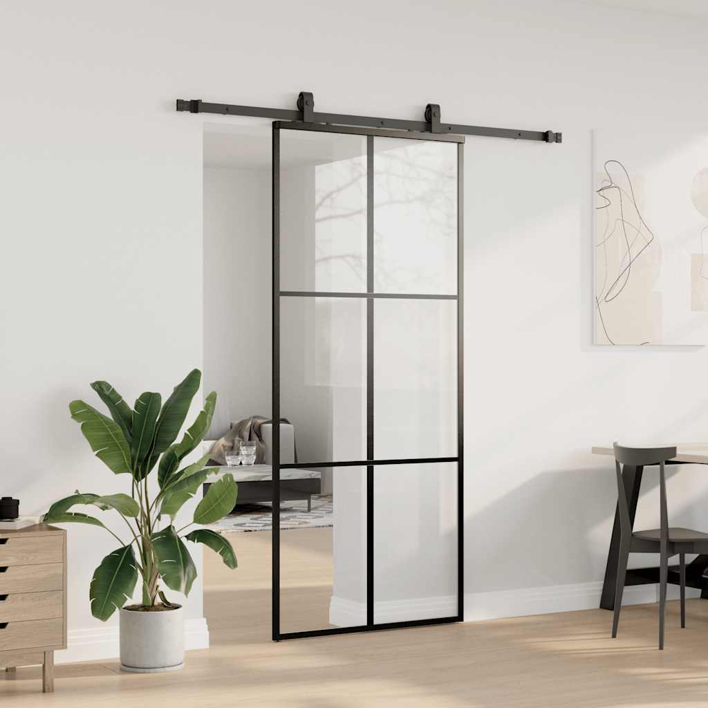 Porte coulissante kit de quincaillerie noir 90x205 cm verre ESG