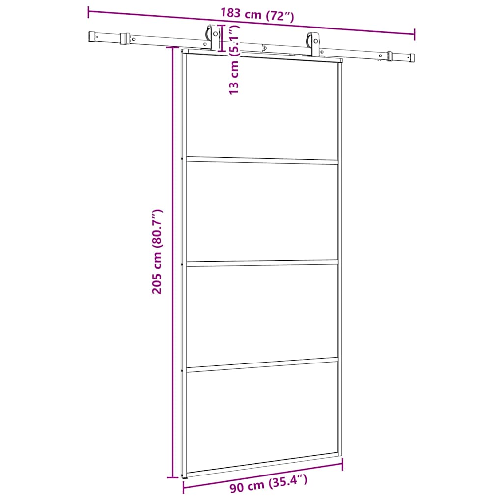 Porte coulissante kit de quincaillerie noir 90x205 cm verre ESG