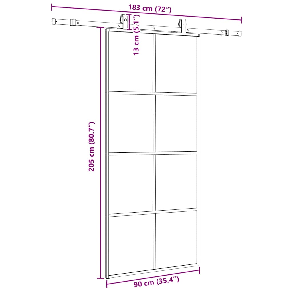 Porte coulissante kit de quincaillerie noir 90x205 cm verre ESG