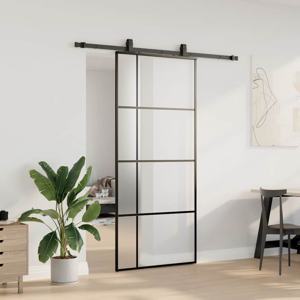 Porte coulissante kit de quincaillerie noir 90x205 cm verre ESG