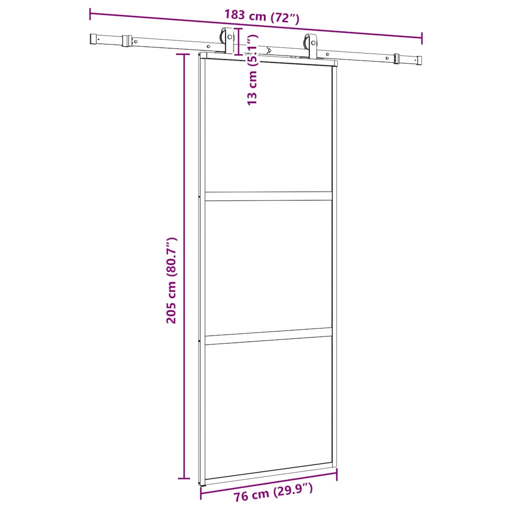 Porte coulissante kit quincaillerie noir 76x205 cm verre trempé