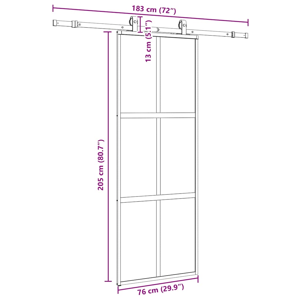 Porte coulissante kit quincaillerie noir 76x205 cm verre trempé