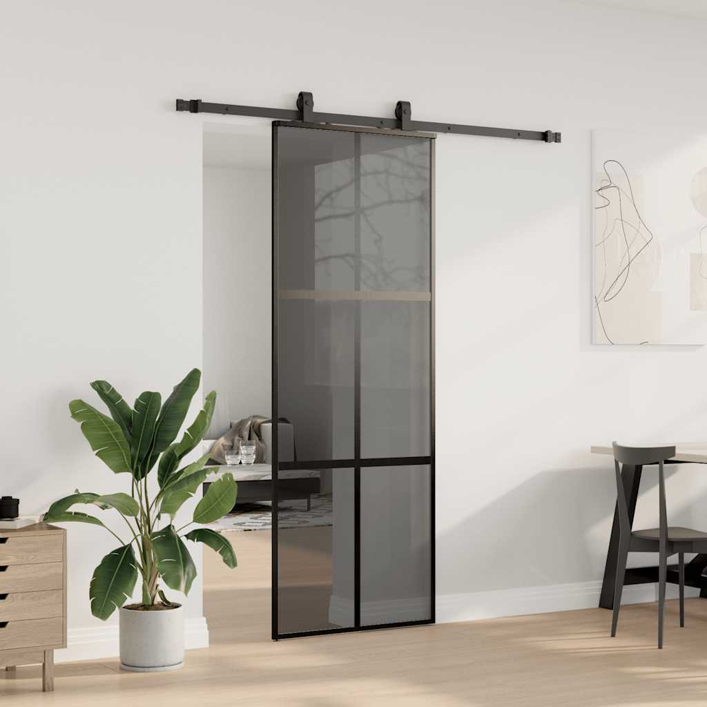 Porte coulissante kit quincaillerie noir 76x205 cm verre trempé