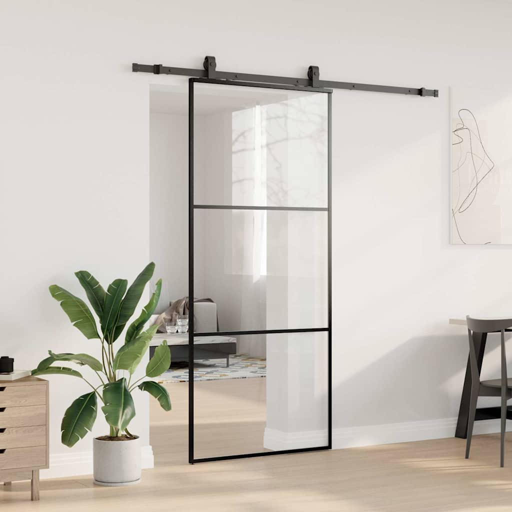 Porte coulissante kit de quincaillerie noir 90x205 cm verre ESG