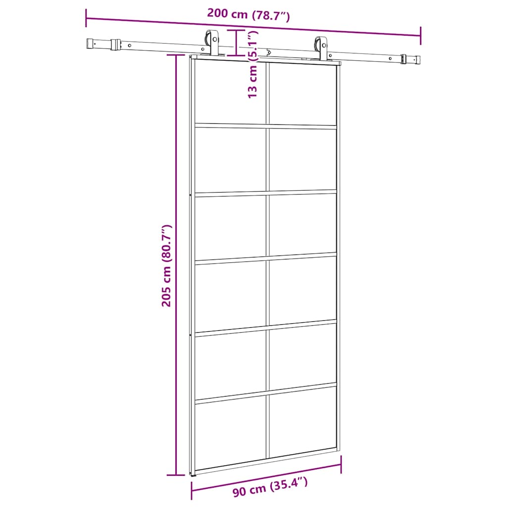 Porte coulissante kit de quincaillerie noir 90x205 cm verre ESG