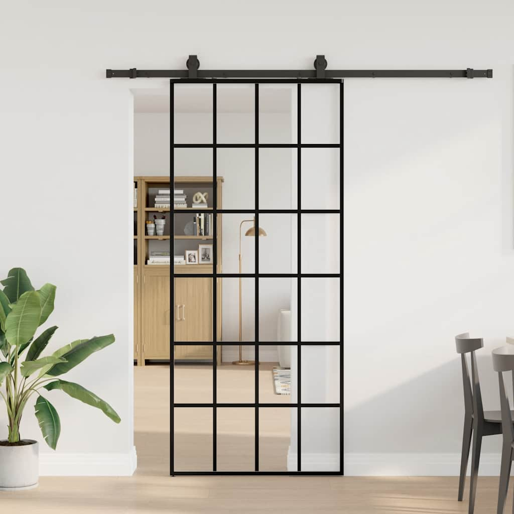 Porte coulissante kit de quincaillerie noir 90x205 cm verre ESG