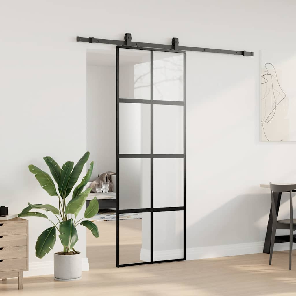 Porte coulissante kit quincaillerie noir 76x205 cm verre trempé