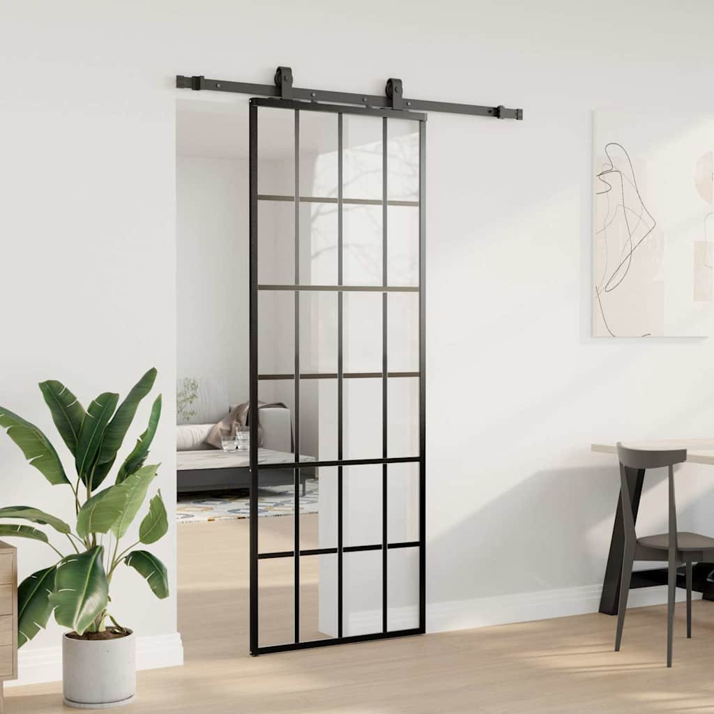 Porte coulissante kit de quincaillerie noir 76x205 cm verre ESG